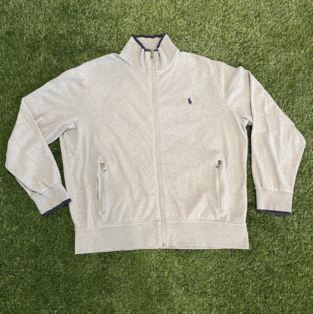 Polo Ralph Lauren Mens Full Zip Sweatshirt Grey Navy Trim Jacket Mock Neck L